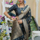 Vishnu Weaves Women's Grey Banarasi Silk Floral Zari Woven Saree with Unstitched Blouse - Swadesiicart