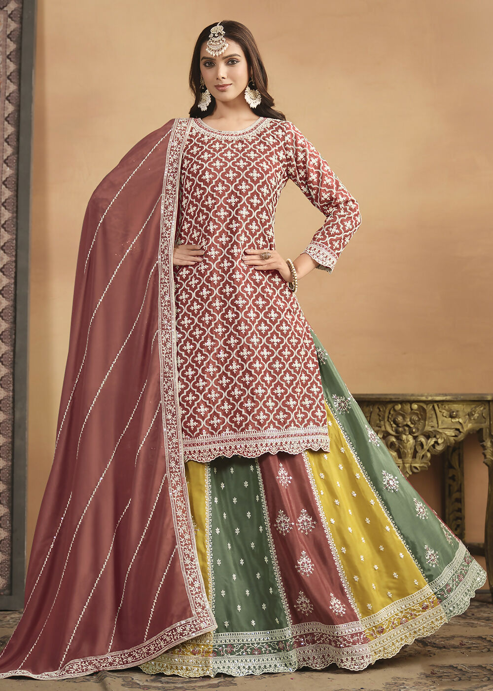 Chinnon Peach Multicolor Embroidered Lehenga Style Suit - Emponline | Swadesiicart