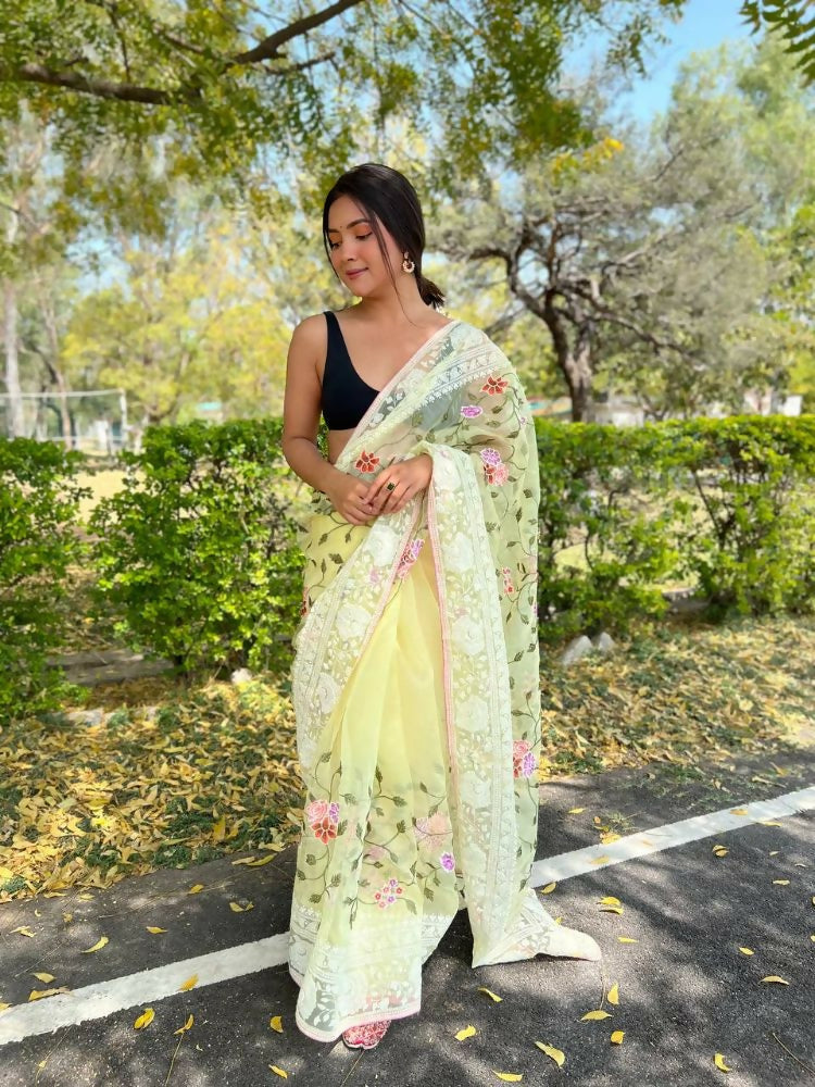Vamsee Foolwarii Yellow Organza Saree - Swadesiicart
