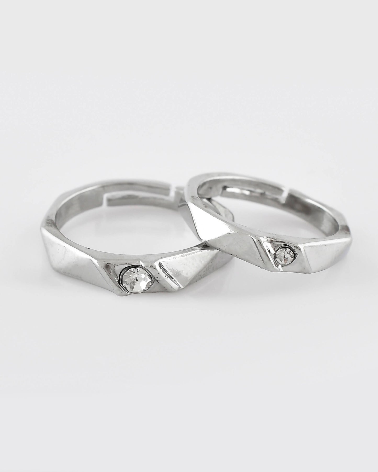 VOJ Stainless Steel Cubic Zirconia Silver Plated Adjustable Ring Set for Couple | Swadesiicart