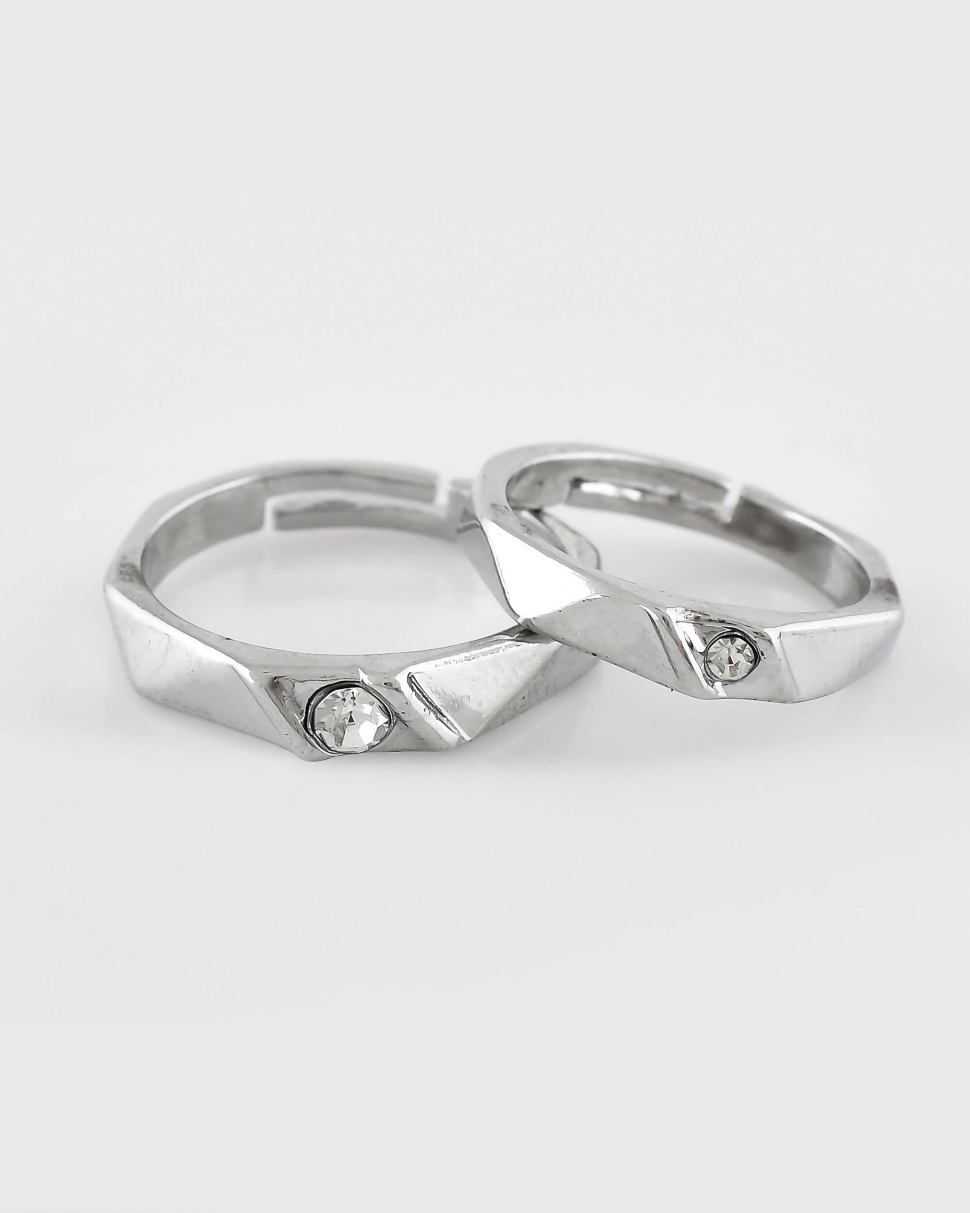 VOJ Stainless Steel Cubic Zirconia Silver Plated Adjustable Ring Set for Couple | Swadesiicart