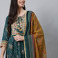 Anubhutee Teal Ethnic Motifs Printed Empire Thread Work Pure Cotton Kurta with Trousers & With Dupatta - Swadesiicart