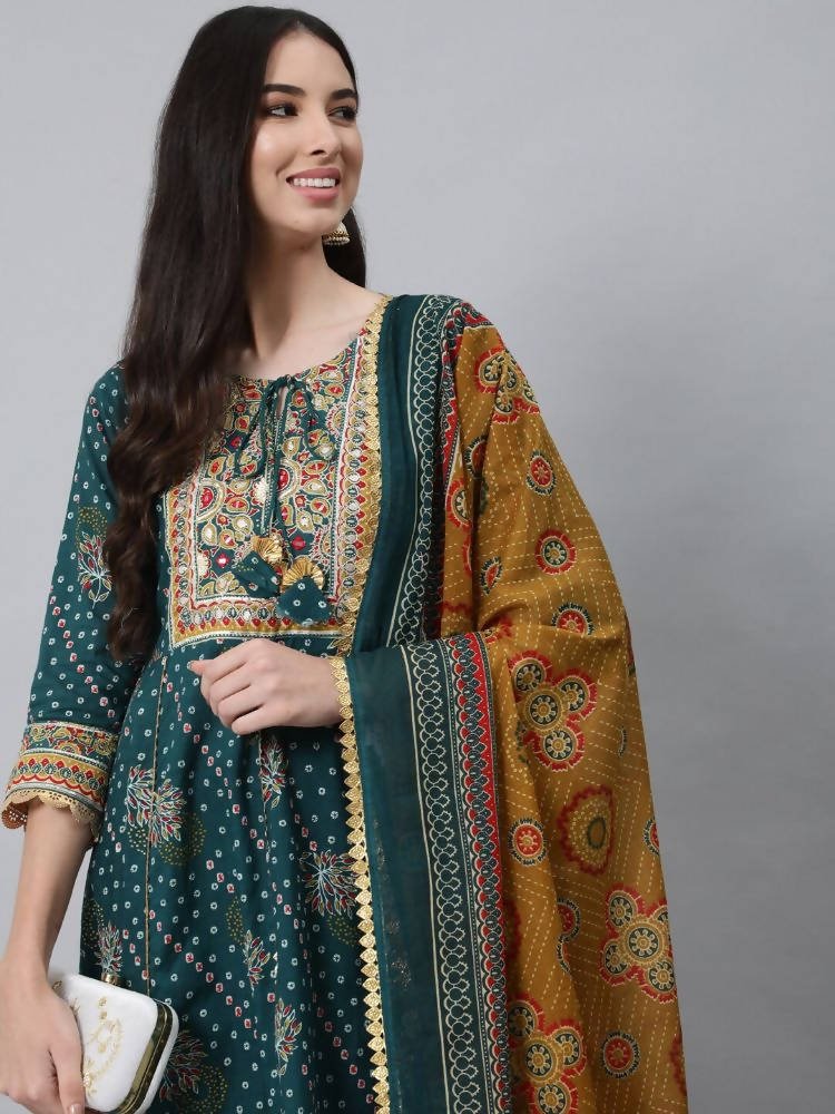 Anubhutee Teal Ethnic Motifs Printed Empire Thread Work Pure Cotton Kurta with Trousers & With Dupatta - Swadesiicart