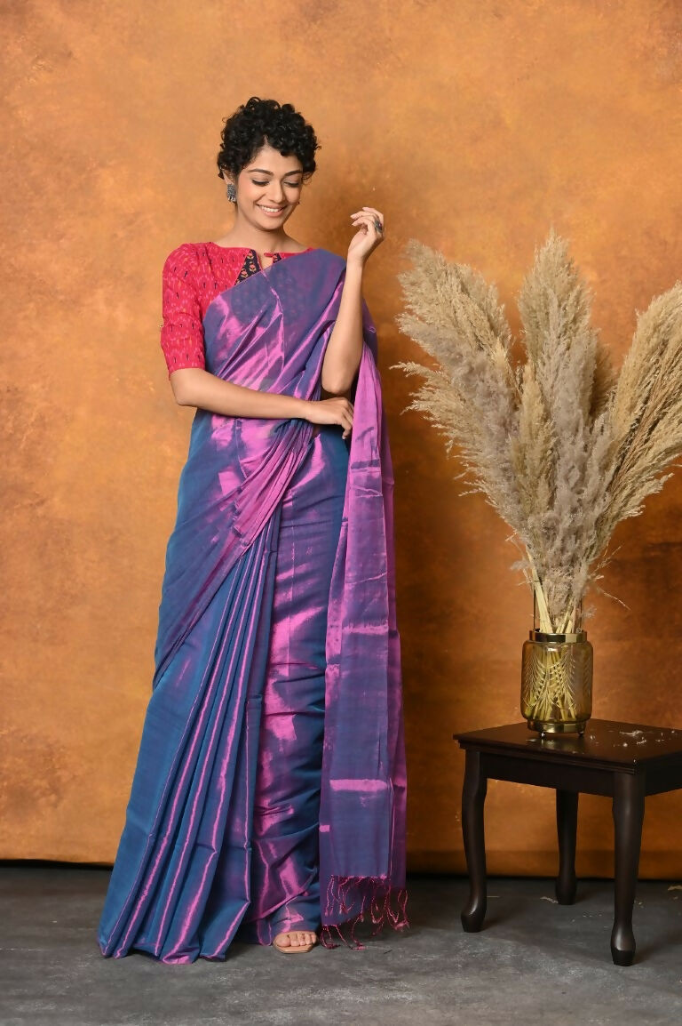 Very Much Indian Fusion Cotton Tissue Shimmer Saree - Dual Tone Purple | Swadesiicart