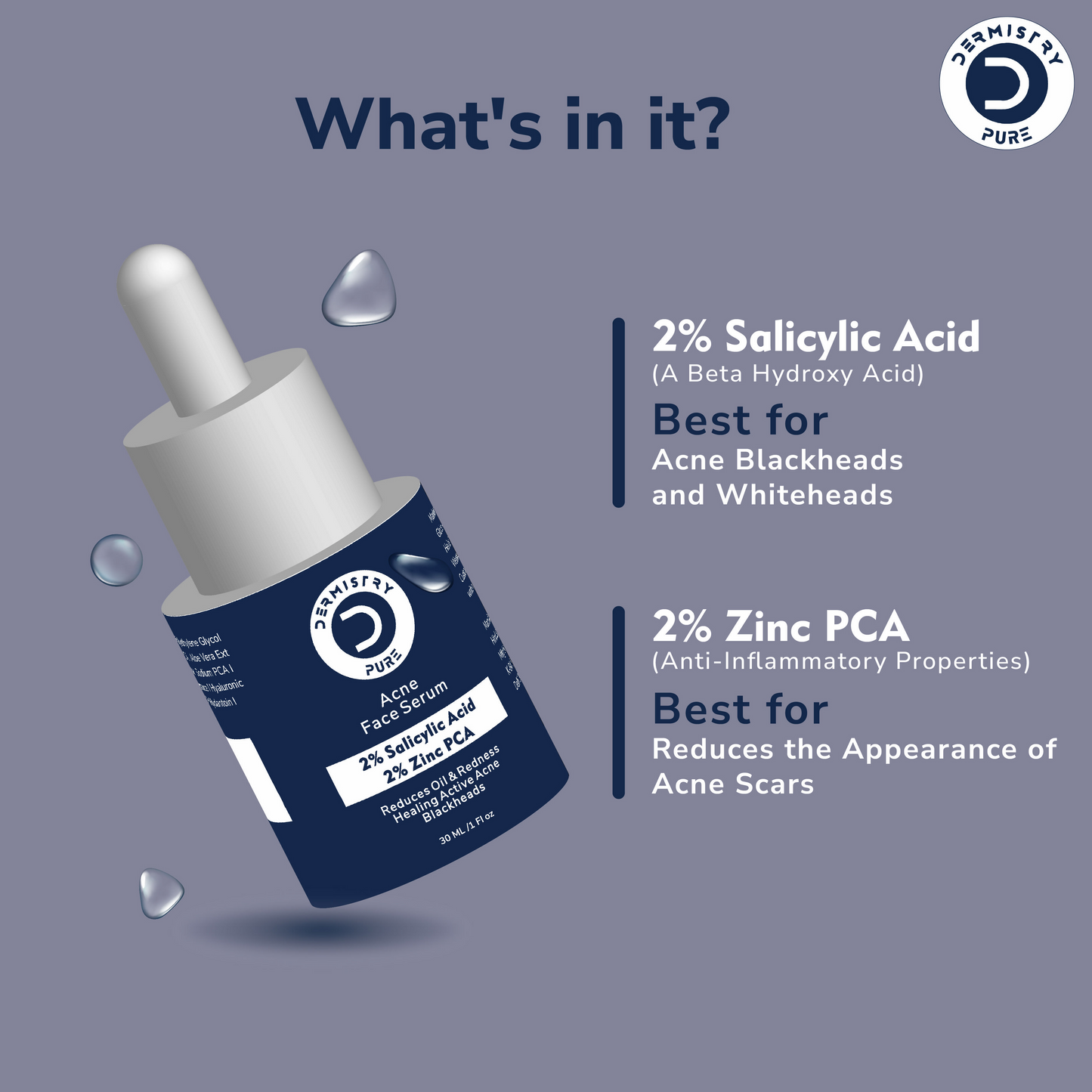 Dermistry 2% Salicylic Acid 2% Zinc Face Serum For Oily Acne Prone Skin Blackhead & Whiteheads Scars - Swadesiicart