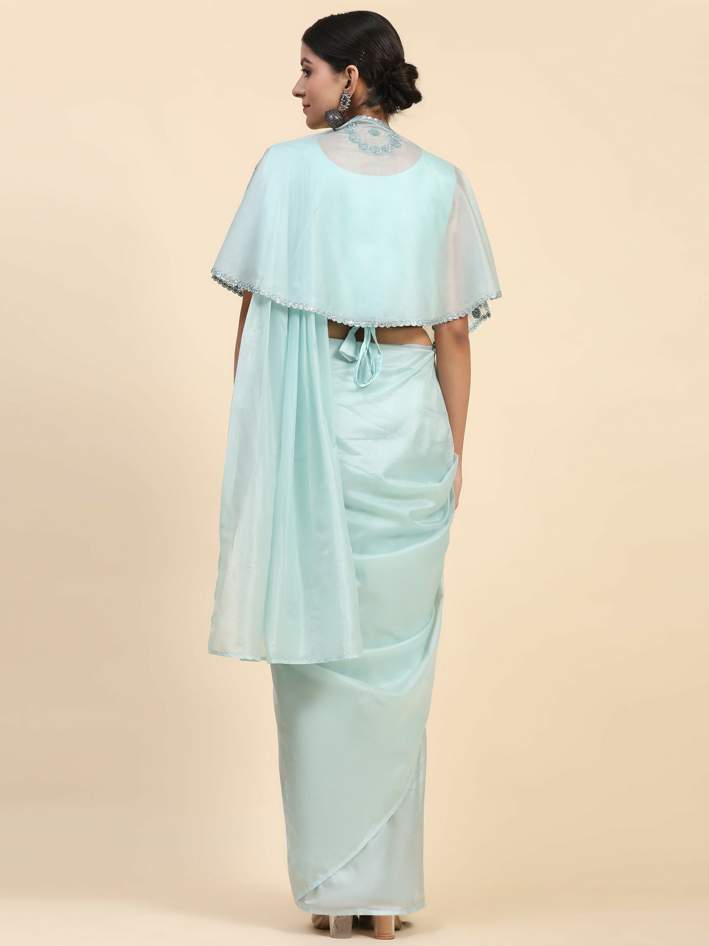 Blue Satin Solid Ready to wear Saree with stitched Blouse - Vanita | Swadesiicart