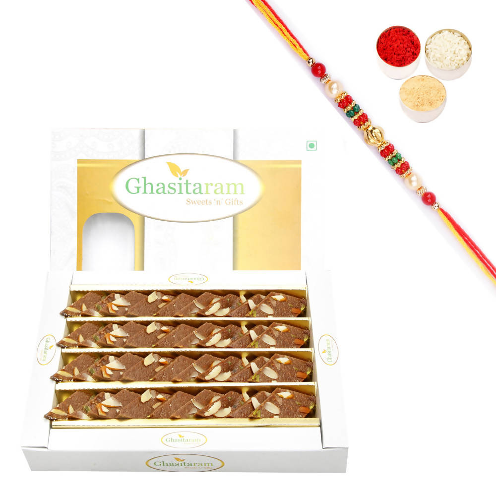 Ghasitaram Chocolate Kaju Katli With Pearl Beads Rakhi | Swadesiicart