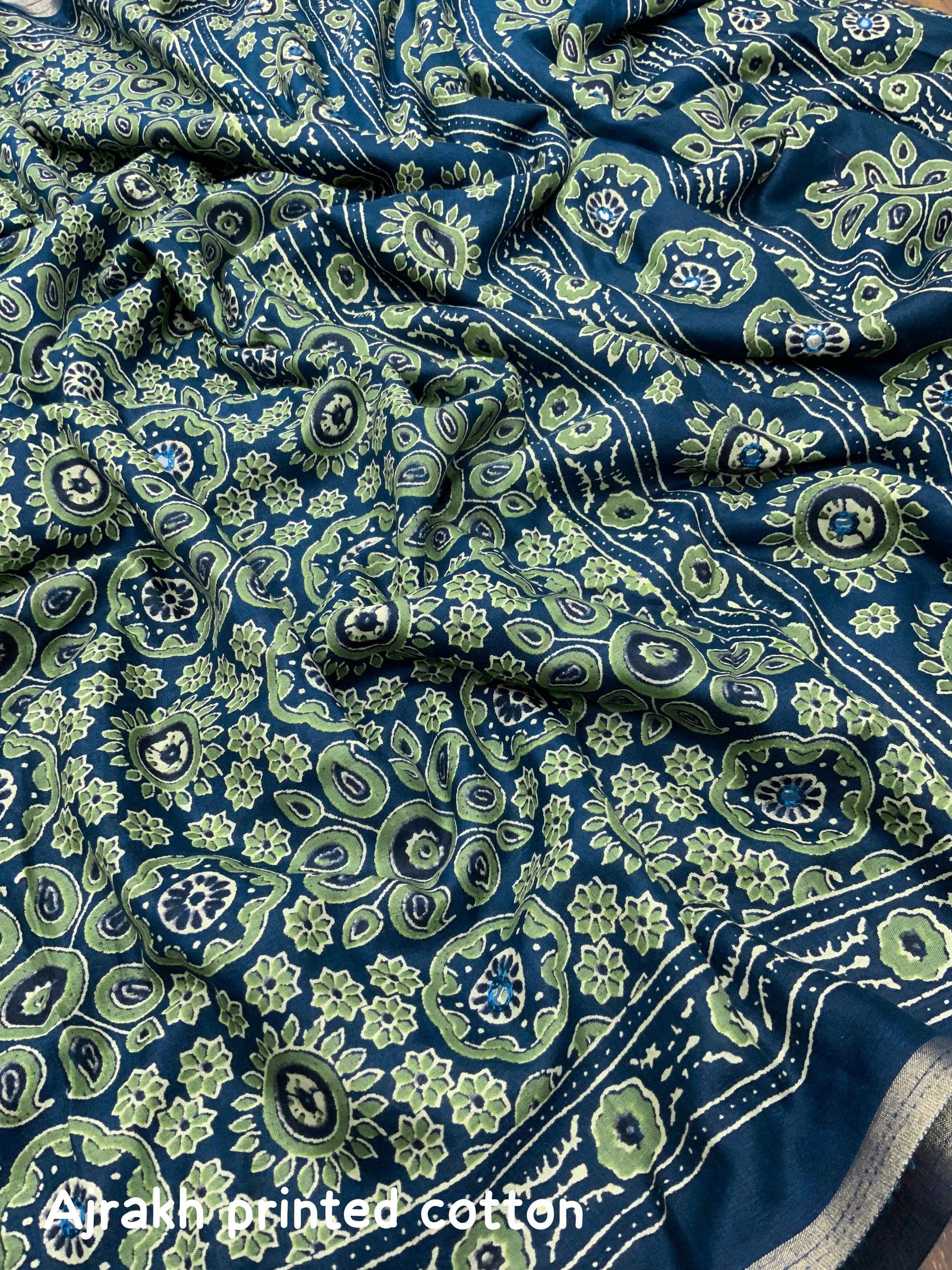 Blue Cotton Blend Ajrak Saree with Unstitched Blouse - Hiral Fashion | Swadesiicart