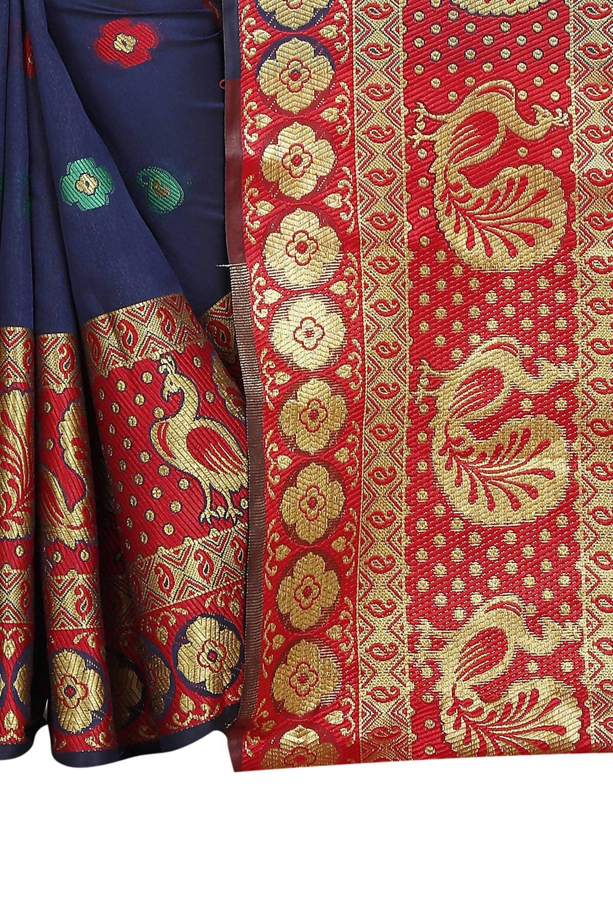 Vamika Banarasi Cotton Silk Navy Blue Weaving Saree | Swadesiicart