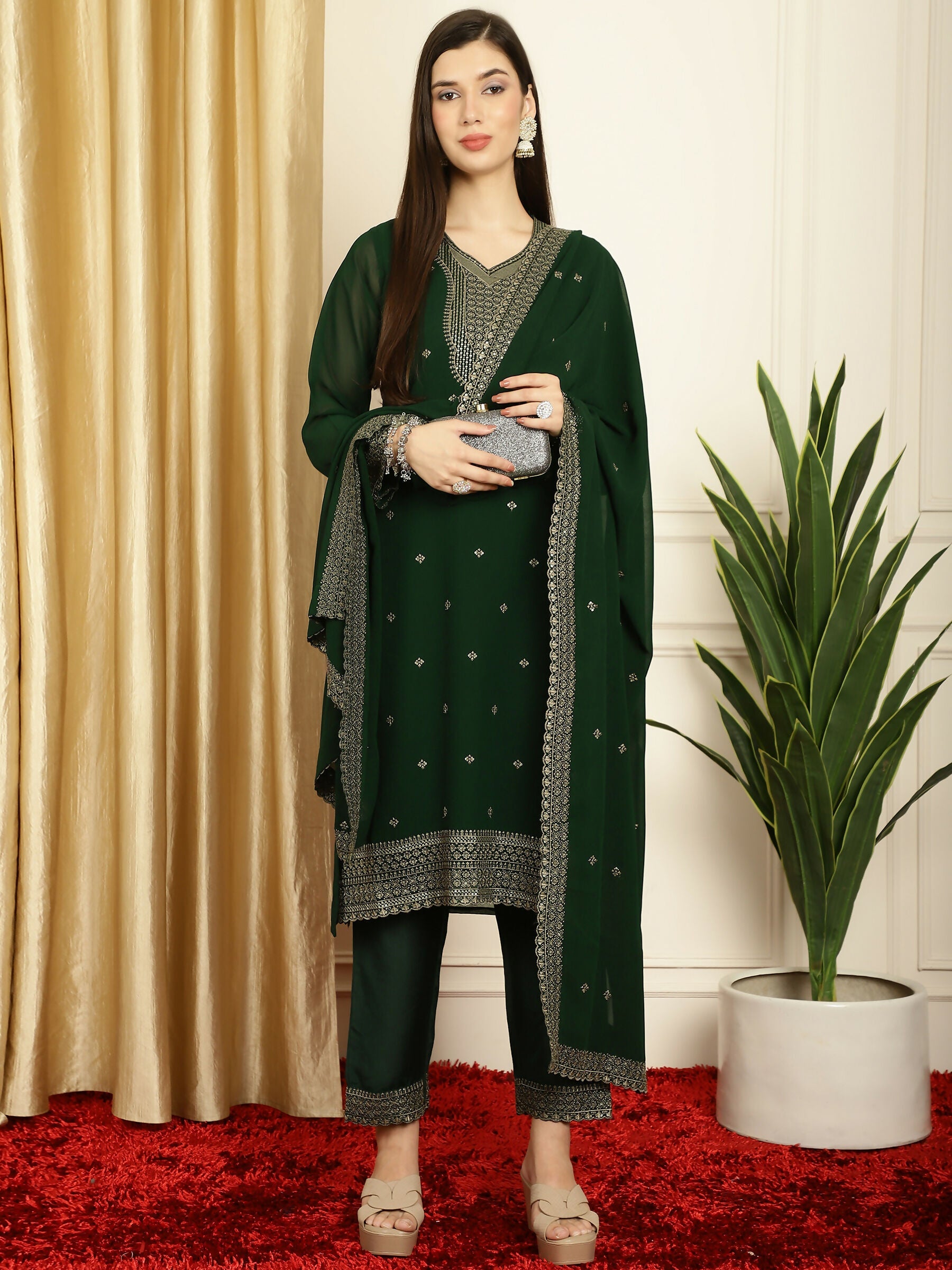 Jyoti Fashion Women's Green Georgette Resham Thread & Sequin Kurta with Trouser & Dupatta | Swadesiicart