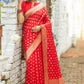 Vishnu Weaves Women's Red Banarasi Silk Zari Woven Saree with Unstitched Blouse - Swadesiicart