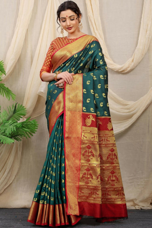Jyoti Fashion Women's Bottle Green Banarasi Silk Zari Woven Saree with Blouse | Swadesiicart