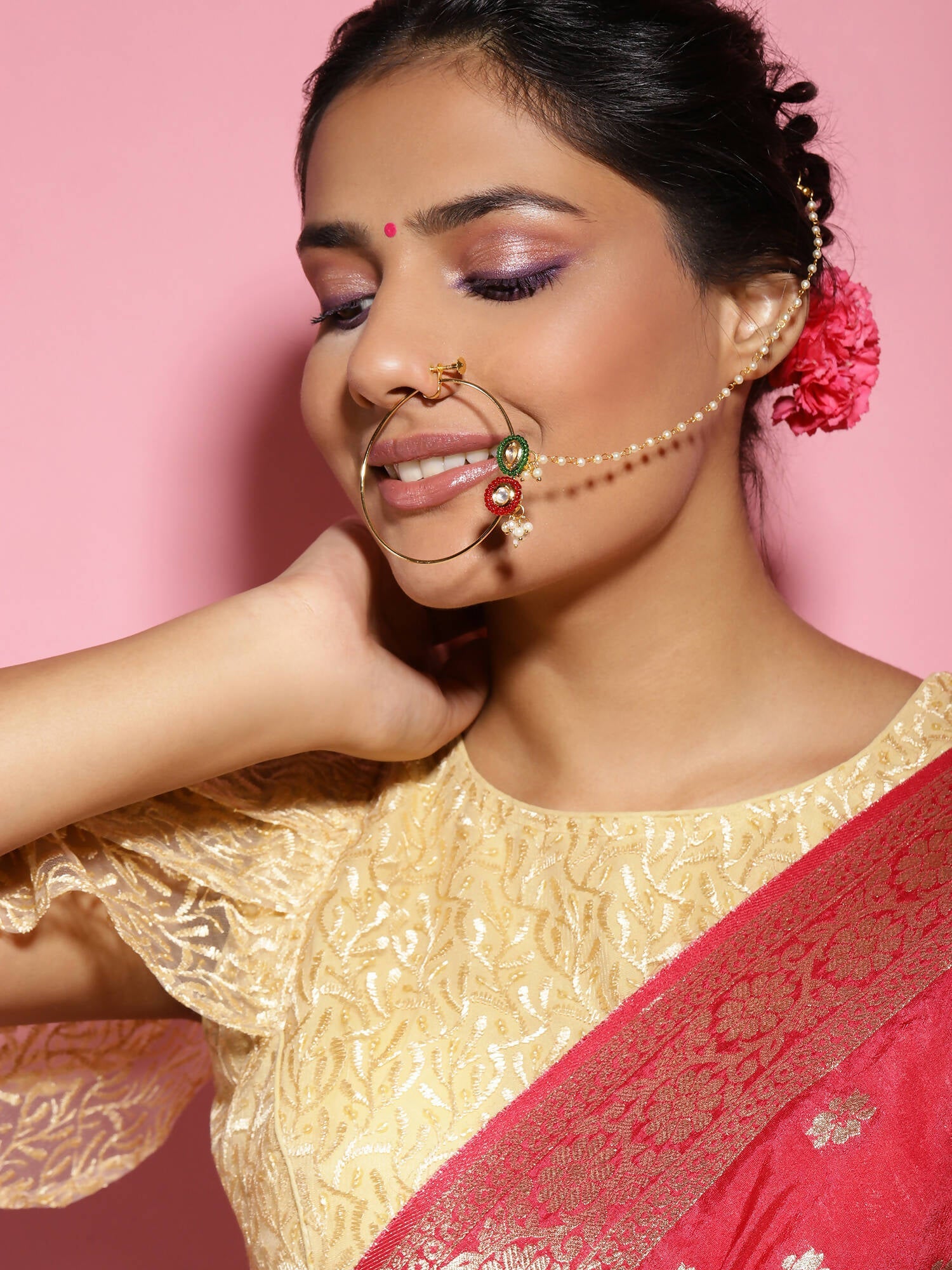 Gold-Polished White Red Stone-Studded Pearl Beaded Nosepin - Ruby Raang | Swadesiicart