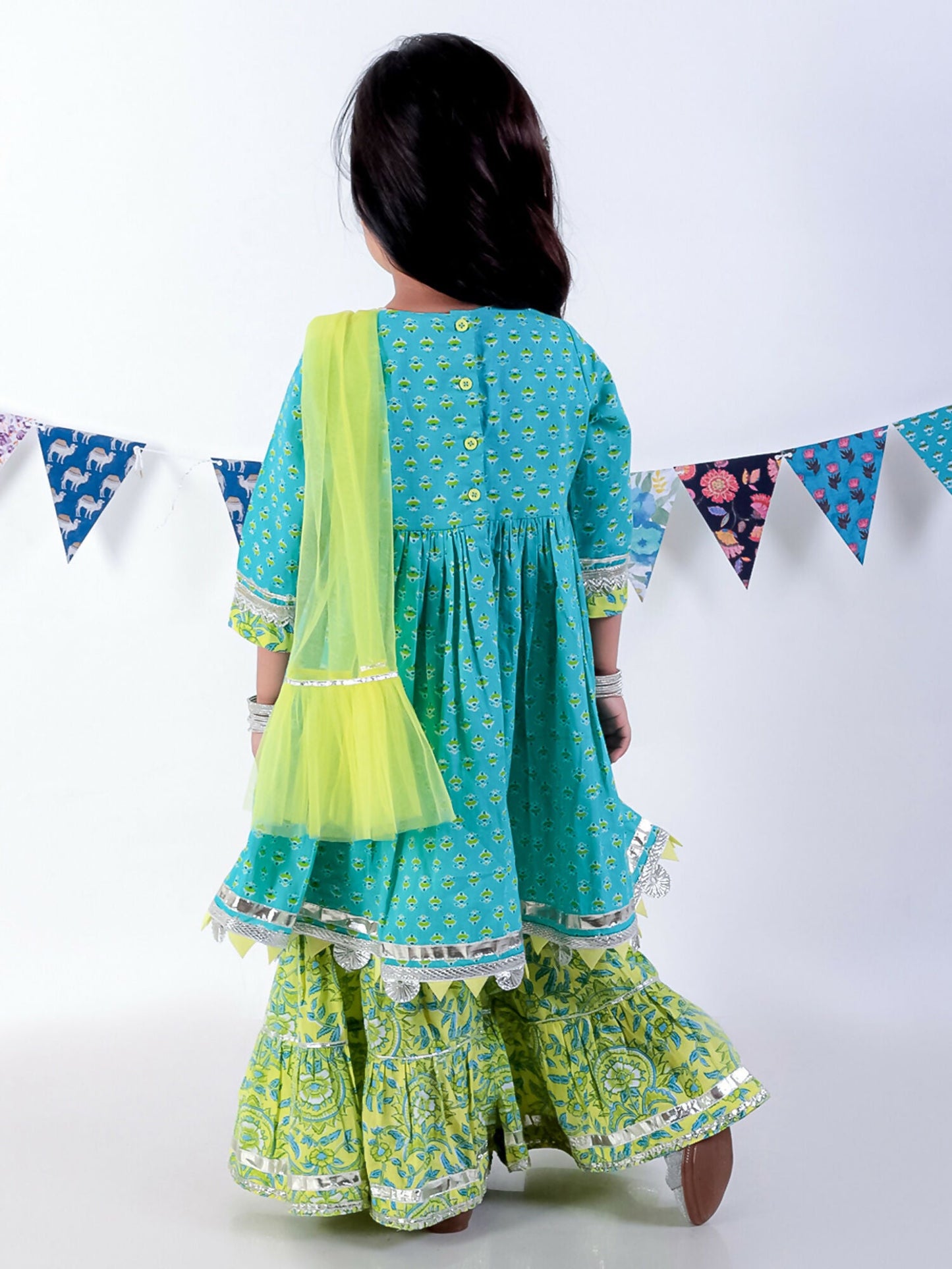 Lil Drama Jaipur Print Stylish Cotton Kurta with Sharara and Net Dupatta Set for Girls - Green