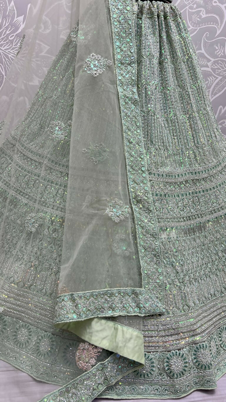Jyoti Fashion Women's Pista Green Heavy Net Fancy Dori, Multi Thread, Rainbow Sequins and Diamond Work Wedding Lehenga Choli | Swadesiicart
