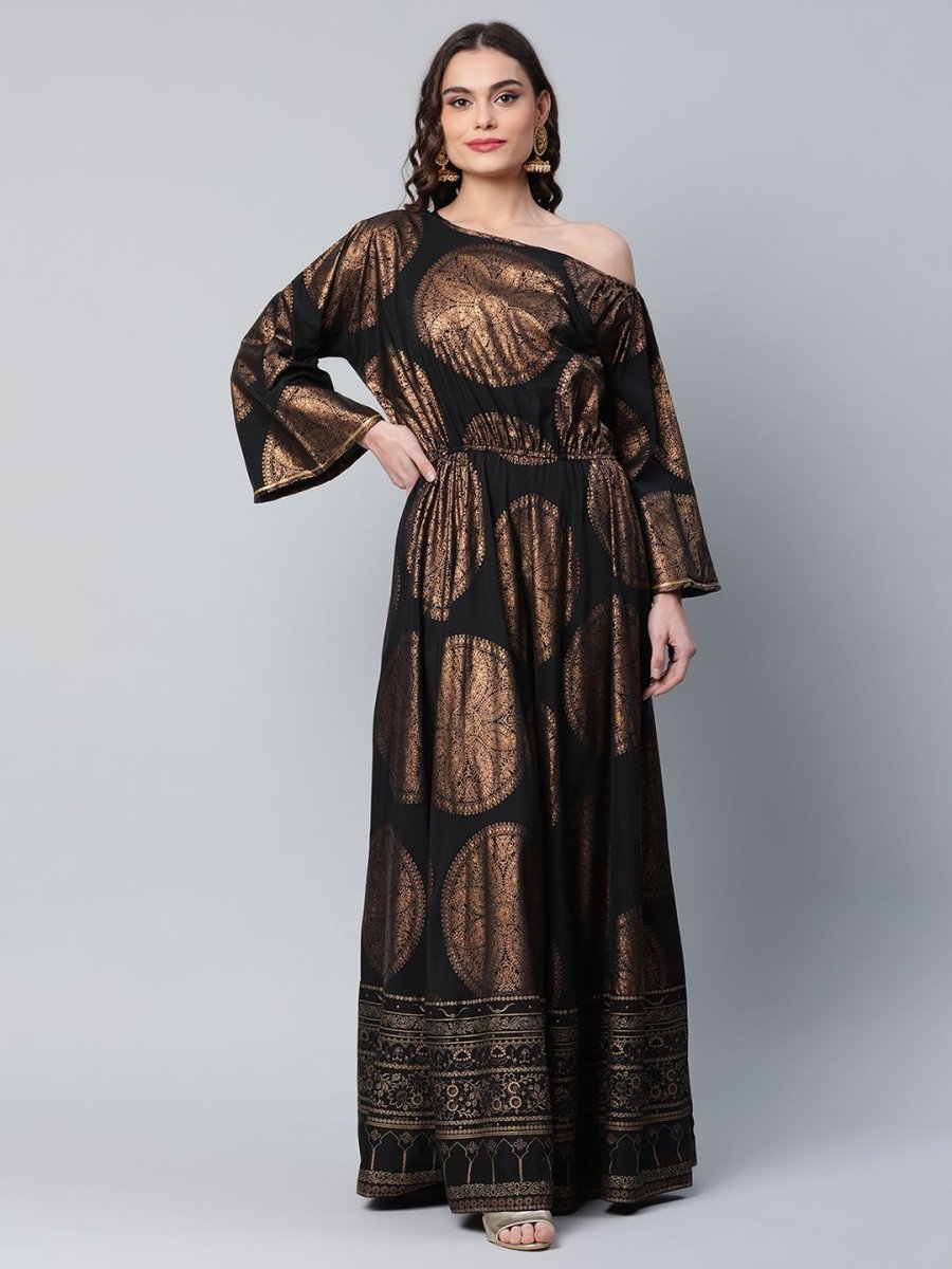 Ahalyaa Womens Black Crepe Copper Foil Printed Maxi Dress | Swadesiicart