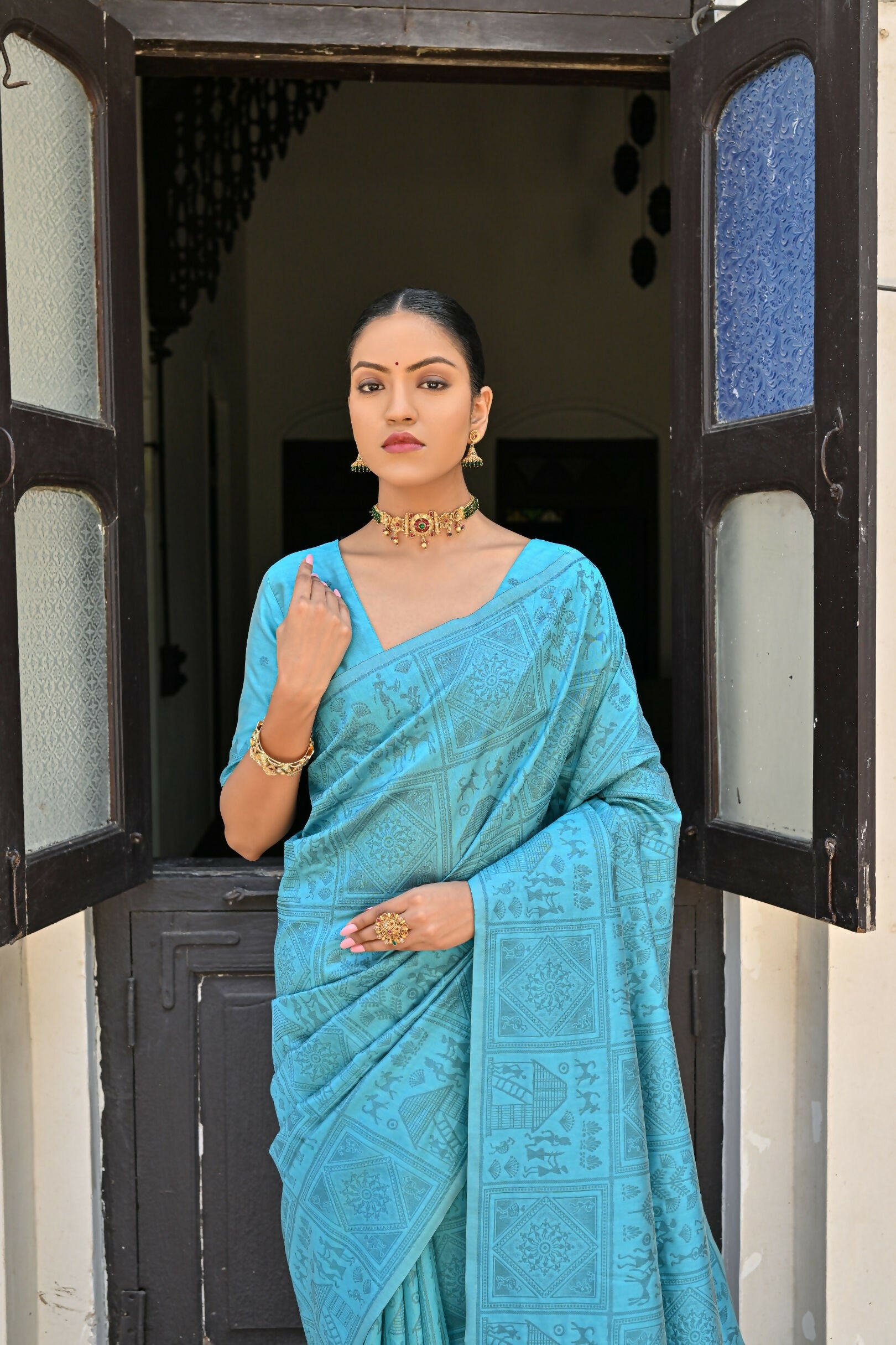 Vishnu Weaves Women's Firozi Handloom Raw Silk Saree with Blouse - Swadesiicart
