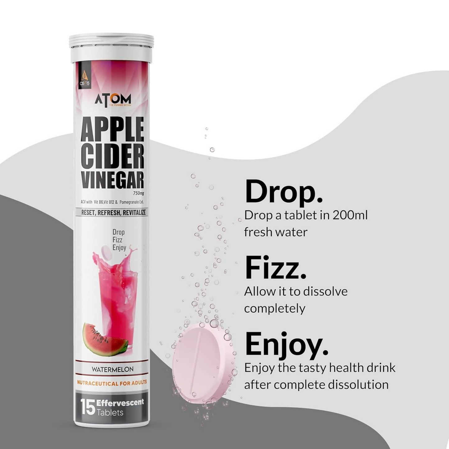 As-It-Is Atom Apple Cider Vinegar Effervescent Tablets Water Melon Flavor For Weight Loss | Swadesiicart