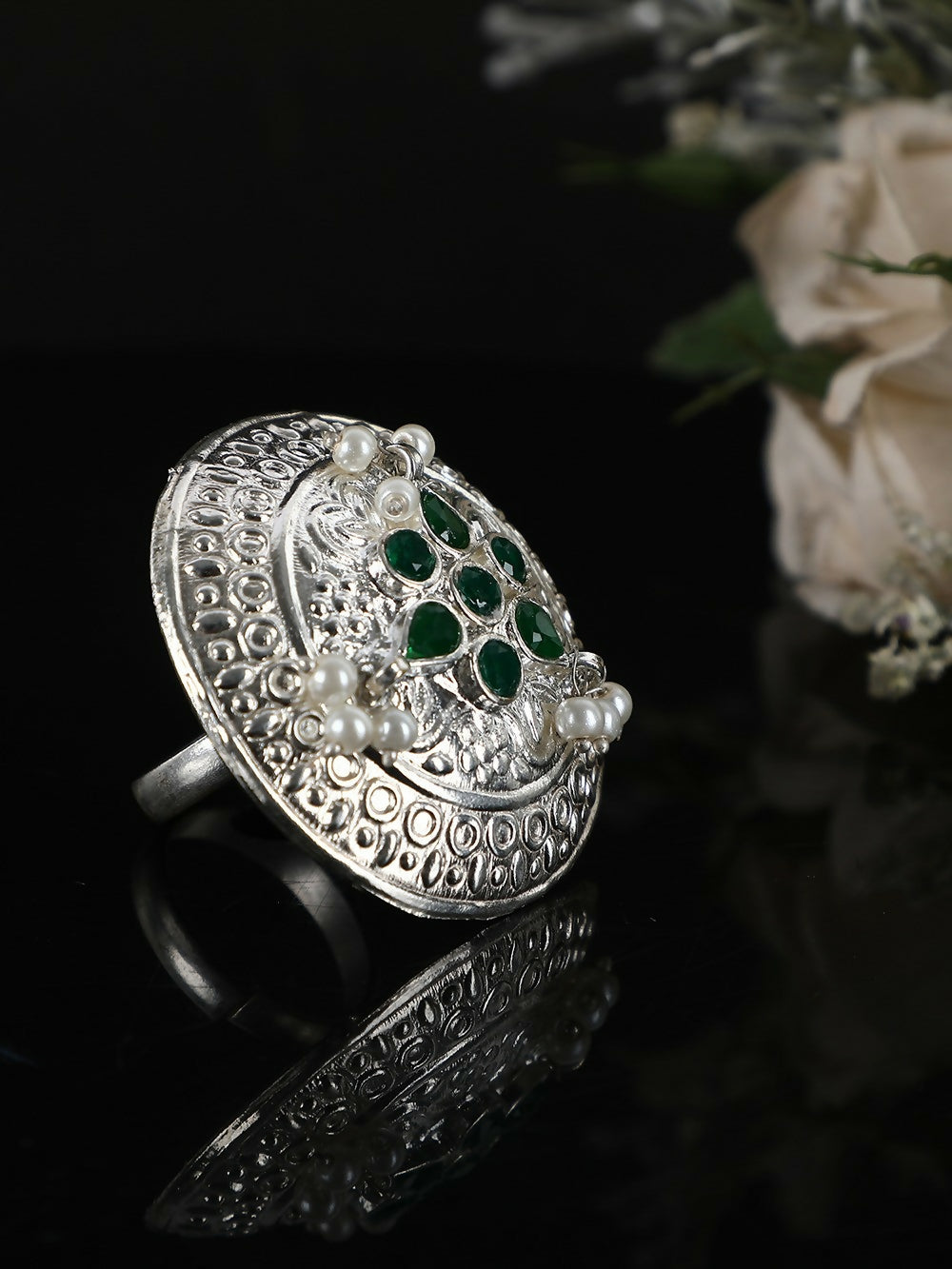 Joban Fashion Women Green Stone Silver Tone Ring | Swadesiicart