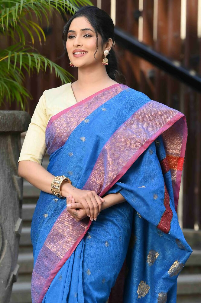 Beatitude Blue Cotton Banarasi Saree | Swadesiicart