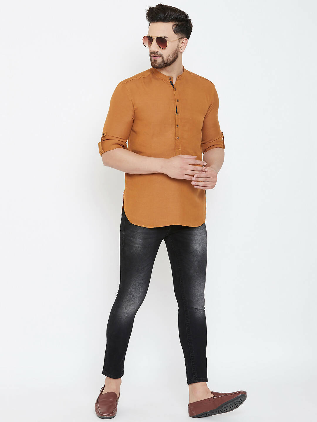Even Apparels Brown Linen Men's Kurta With Band Collar | Swadesiicart