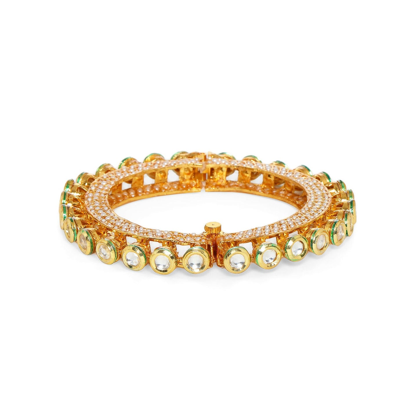 Kundan and Pearl Studded Bangle (Gold) - Ruby Raang - Swadesiicart