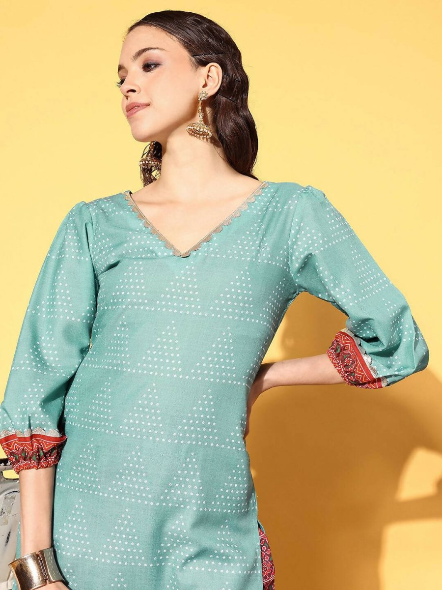 Ahalyaa Women's Teal Cotton Blend Digital Printed Kurta Pant Set | Swadesiicart