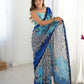 Blue Chinon Designer Digital Printed,Mirror Cut Work Saree - Manvika
