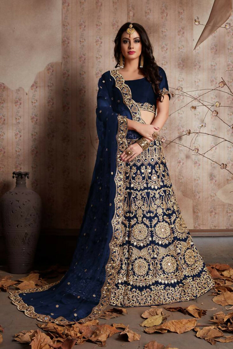 Jyoti Fashion Mesmerizing Navy Blue Sequins Embroidered Velvet Lehenga Choli with Dupatta | Swadesiicart