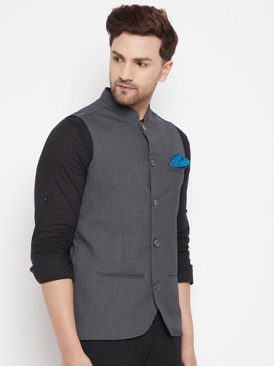 Even Apparels Grey Merino Men's Nehru Jacket-Contrast Lining-Free Pocket Square PW691 | Swadesiicart