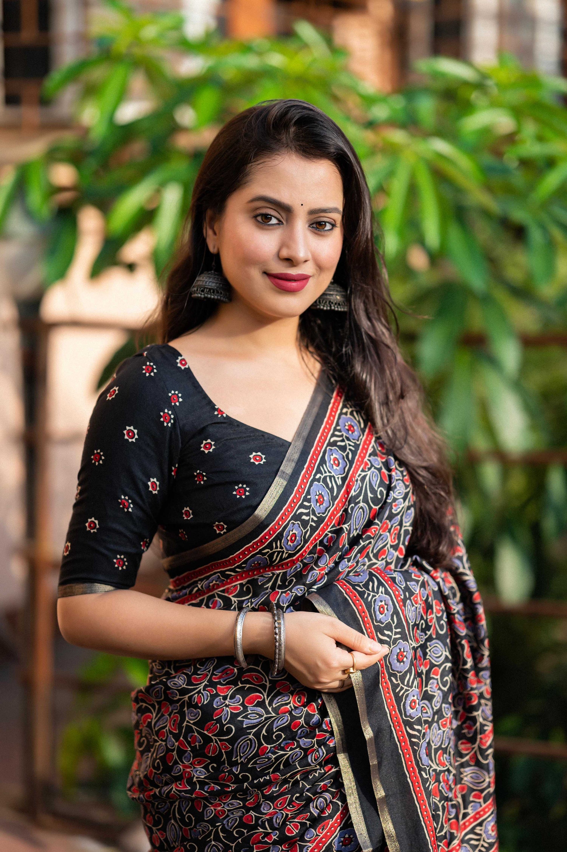 Black Cotton Blend Ajrak Saree with Unstitched Blouse - Hiral Fashion | Swadesiicart