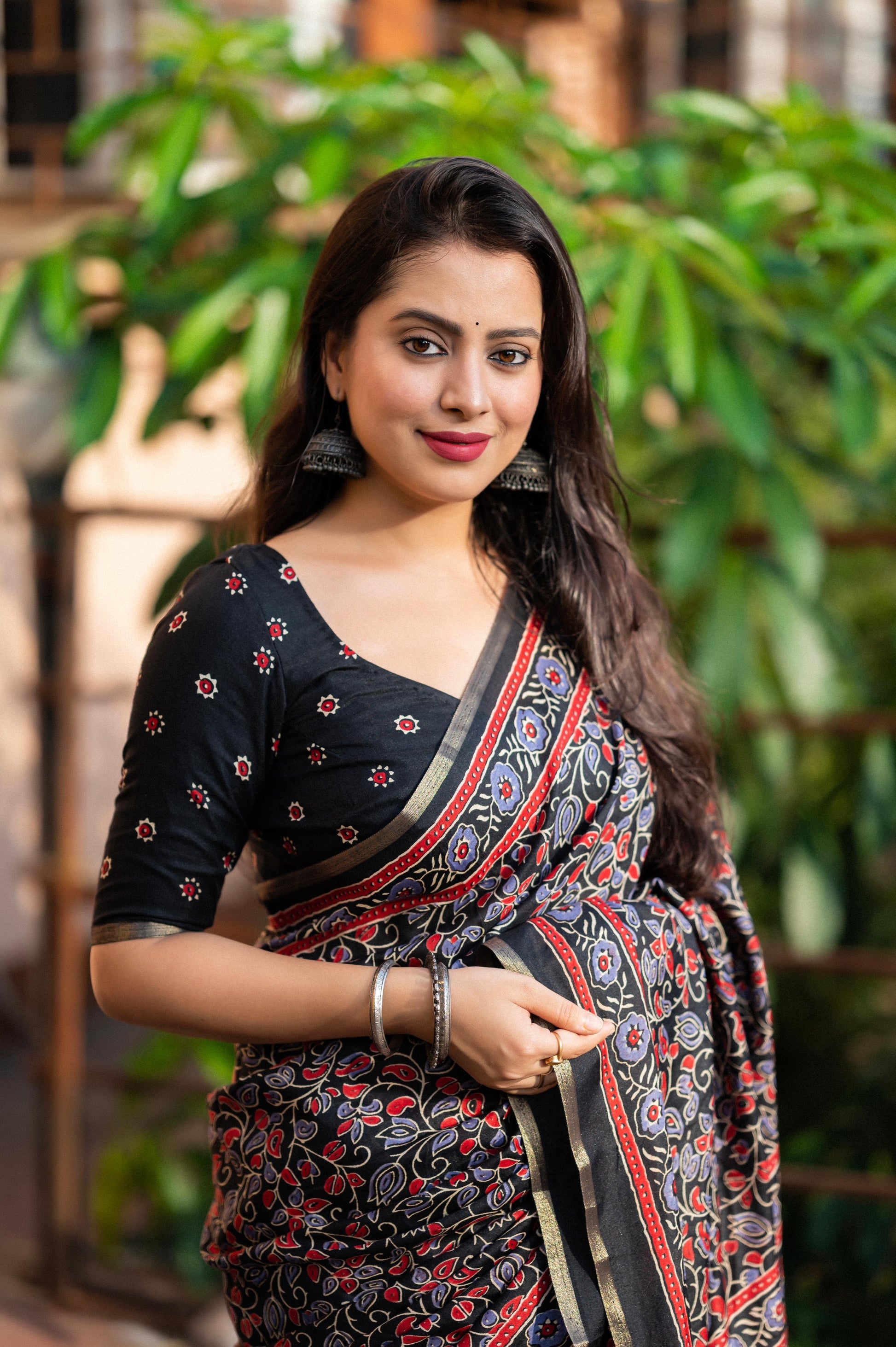 Black Cotton Blend Ajrak Saree with Unstitched Blouse - A2M