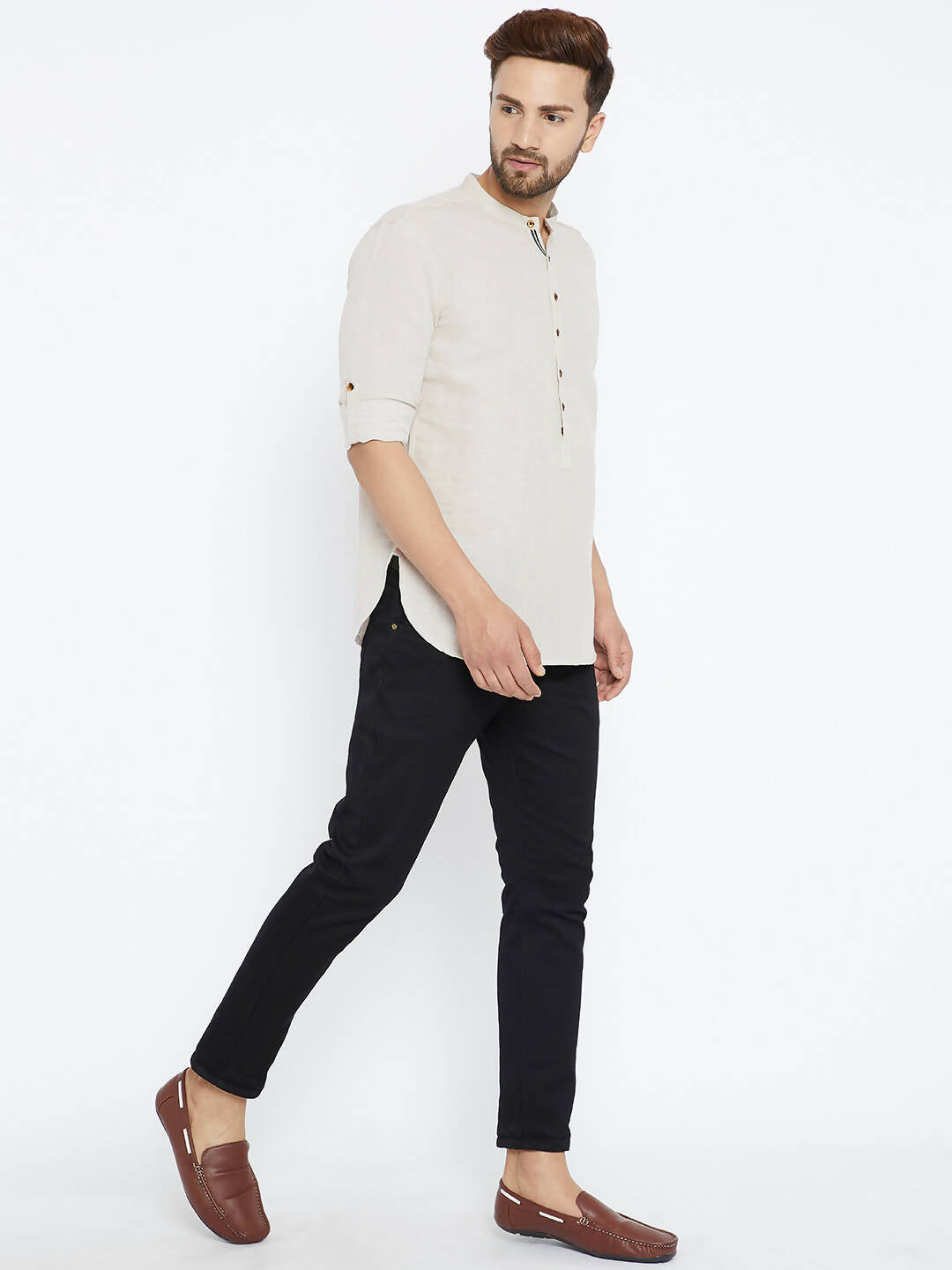 Even Apparels Beige Linen Linen Men's Kurta With Band Collar | Swadesiicart