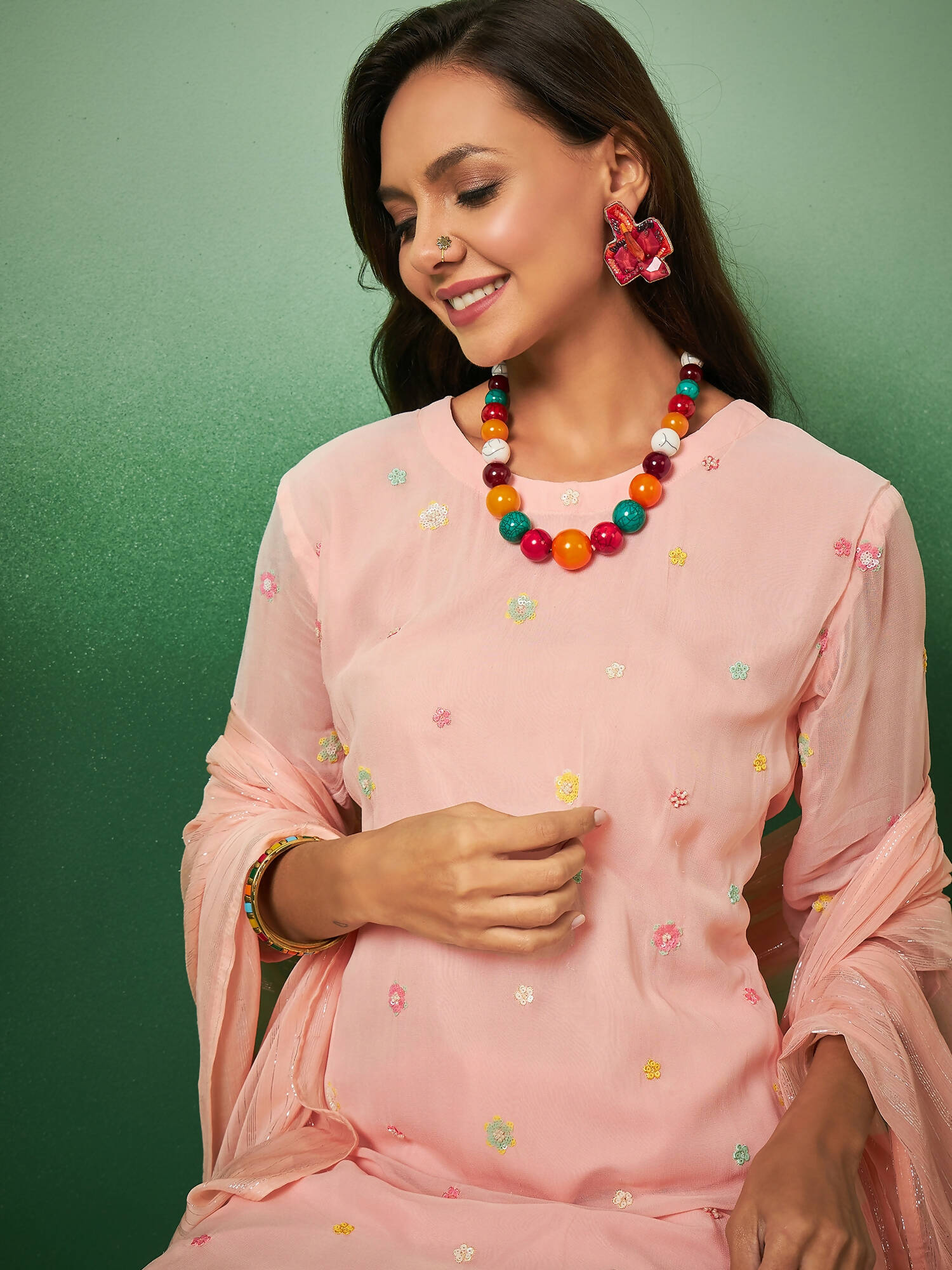 Peach Georgette Handwork Unstitched Dress Material - Hanika | Swadesiicart