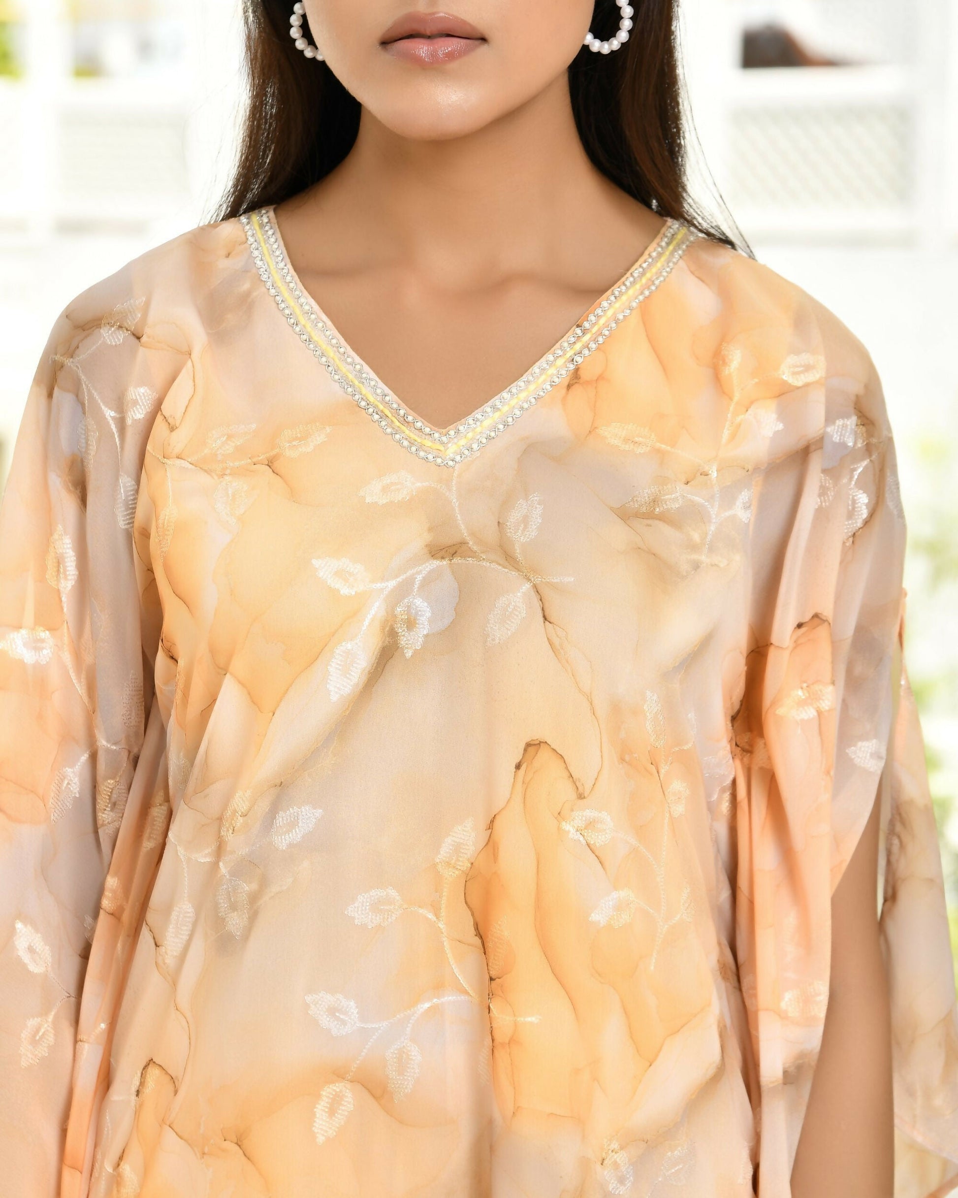 Vaasva Women's Lemon Georgette Marble Print Kaftan Pant Set | Swadesiicart