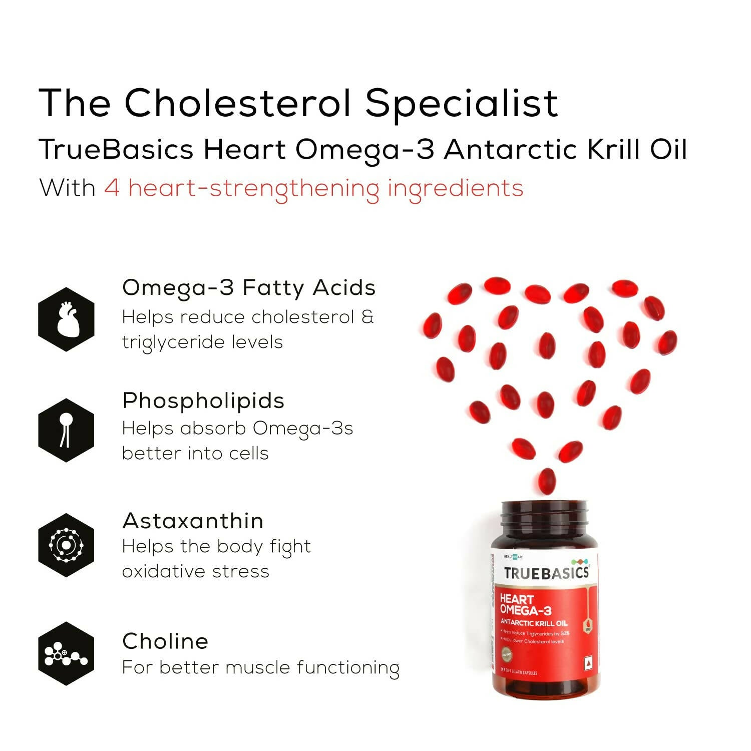 TrueBasics Heart Omega 3 Antarctic Krill Oil Capsules - Swadesiicart