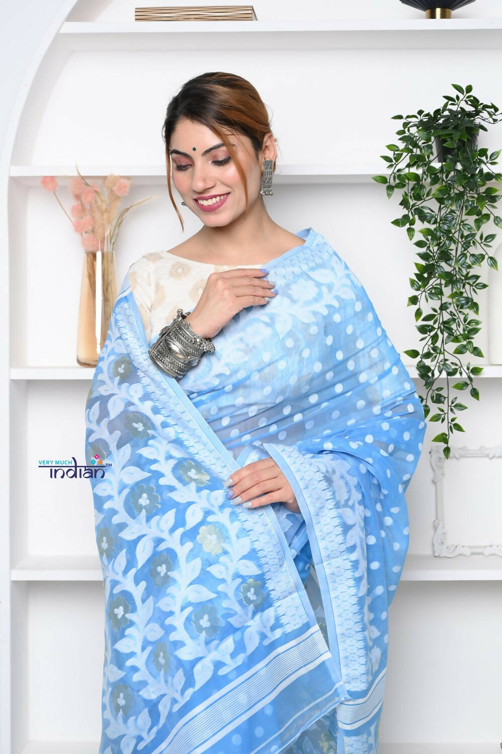 Very Much Indian Jamdhani Cotton Saree - Powder Blue | Swadesiicart