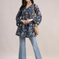 Aavyora Women's Navy Blue Cotton Tunic with Red and White Floral Print, Pin-Tuck Detailing, and Flared Sleeves