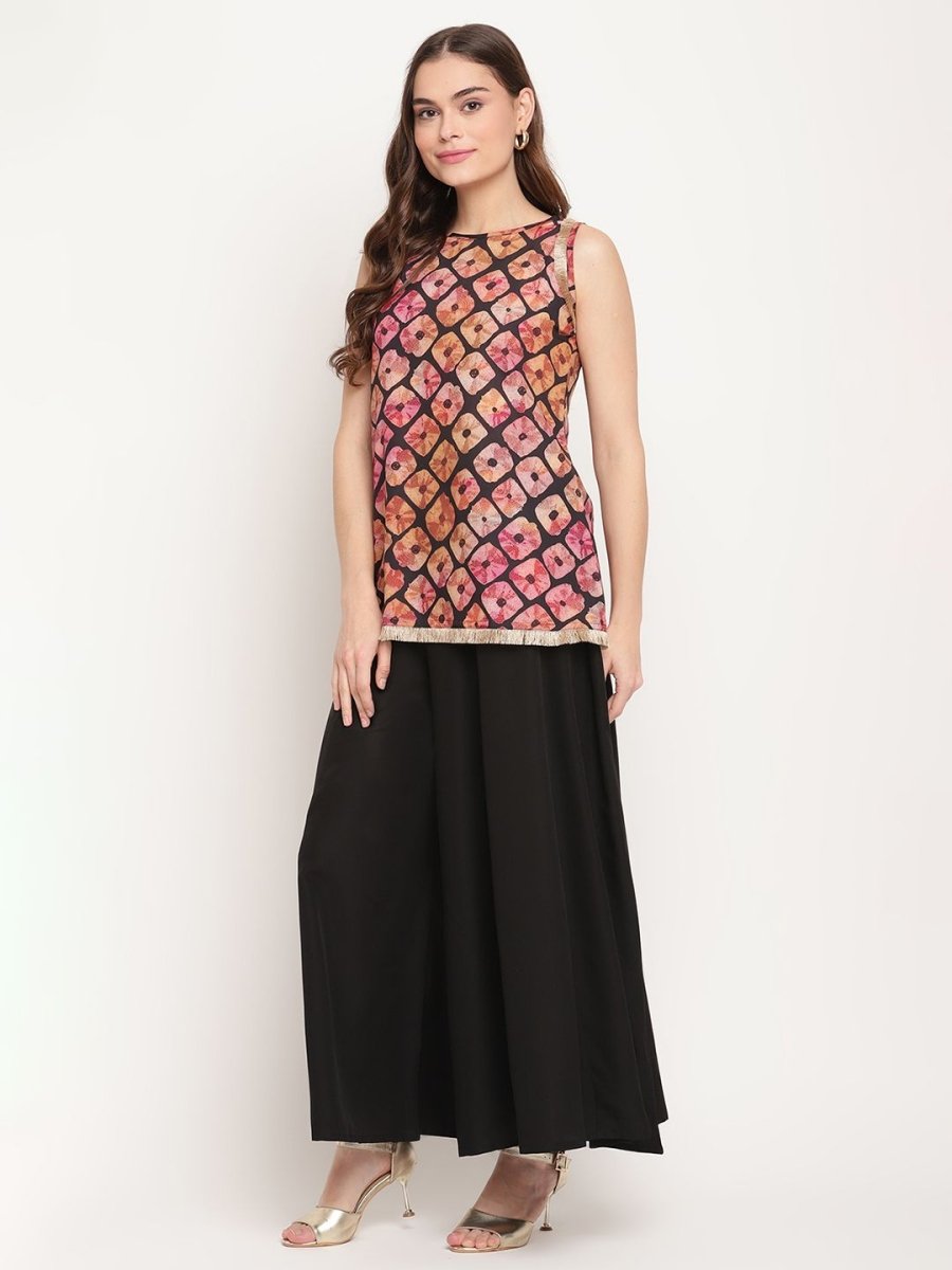 Ahalyaa Women's Black Crepe Digital Shibori Print Top Palazzo Set | Swadesiicart