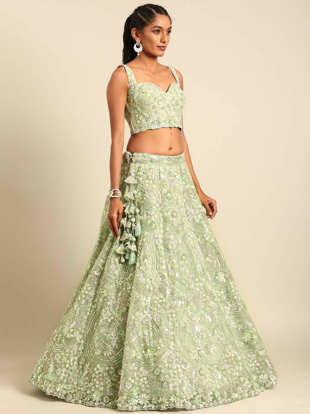 House of Panchhi Lime Green Net Sequins and Zarkan embroidery Lehenga choli & Dupatta | Swadesiicart