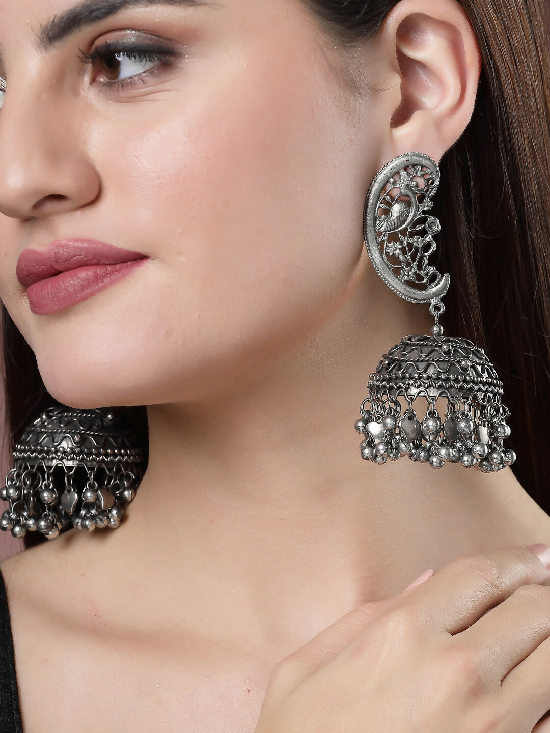 NVR Women's Silver-Plated Oxidised Dome Shaped Jhumka Earrings | Swadesiicart