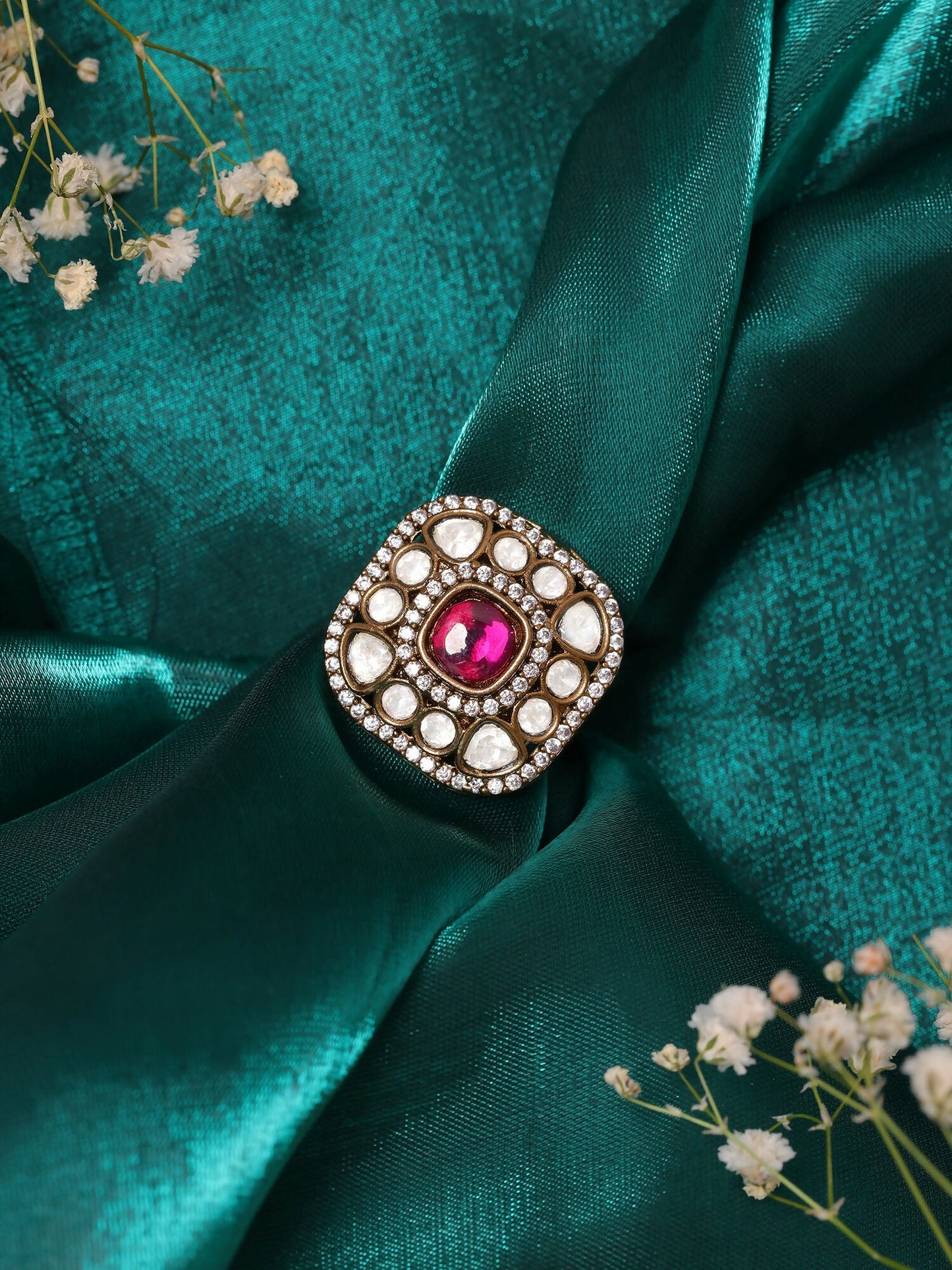 Ruby Raang Gold Polished Maroon Kundan And Stone Ring | Swadesiicart
