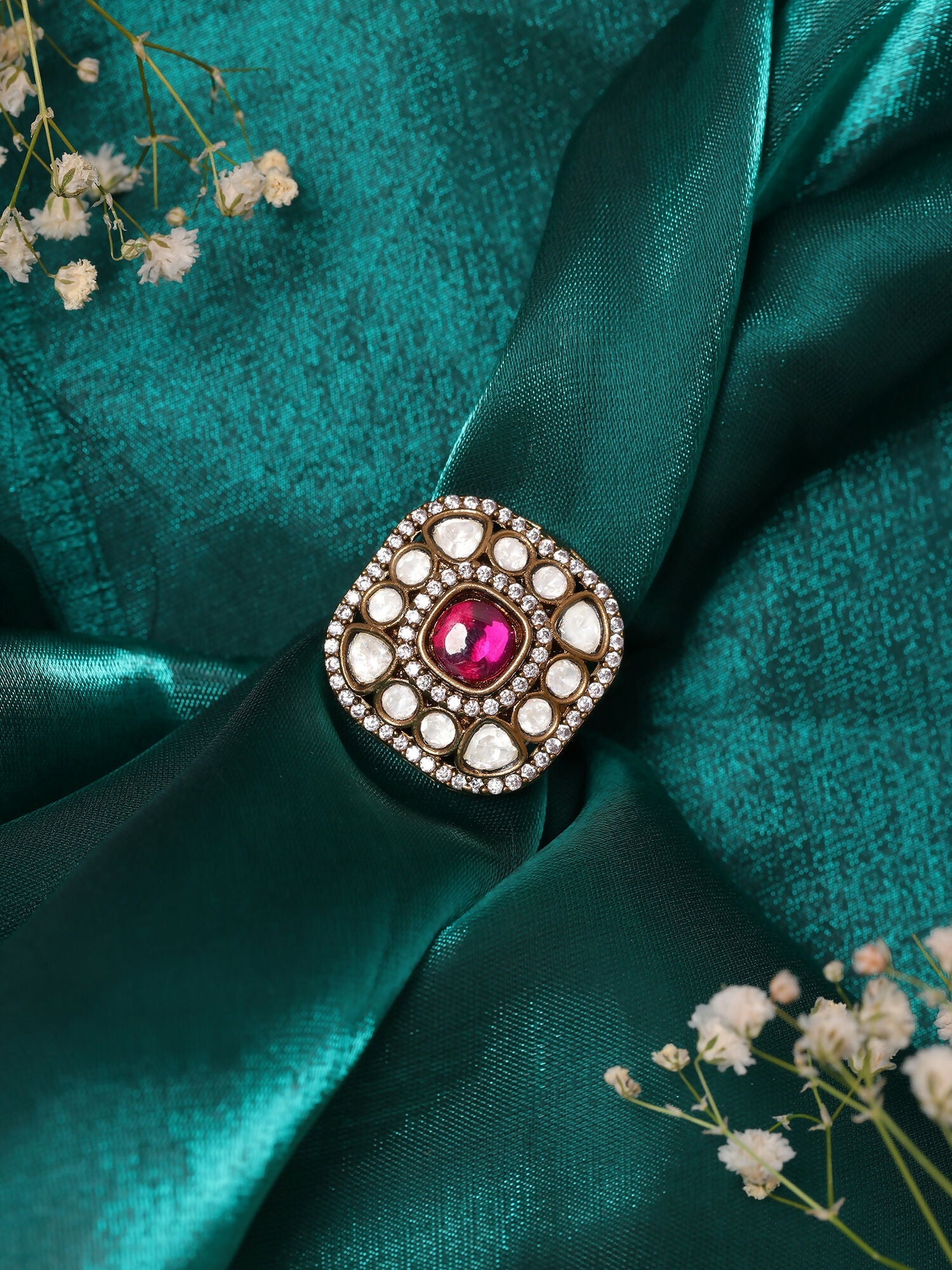 Ruby Raang Gold Polished Maroon Kundan And Stone Ring | Swadesiicart