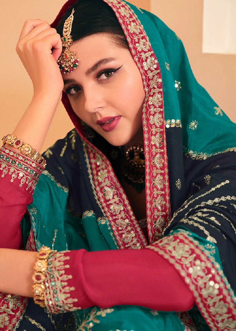 Dazzling Red Embroidered Chinnon Palazzo Salwar Kurta - Emponline | Swadesiicart