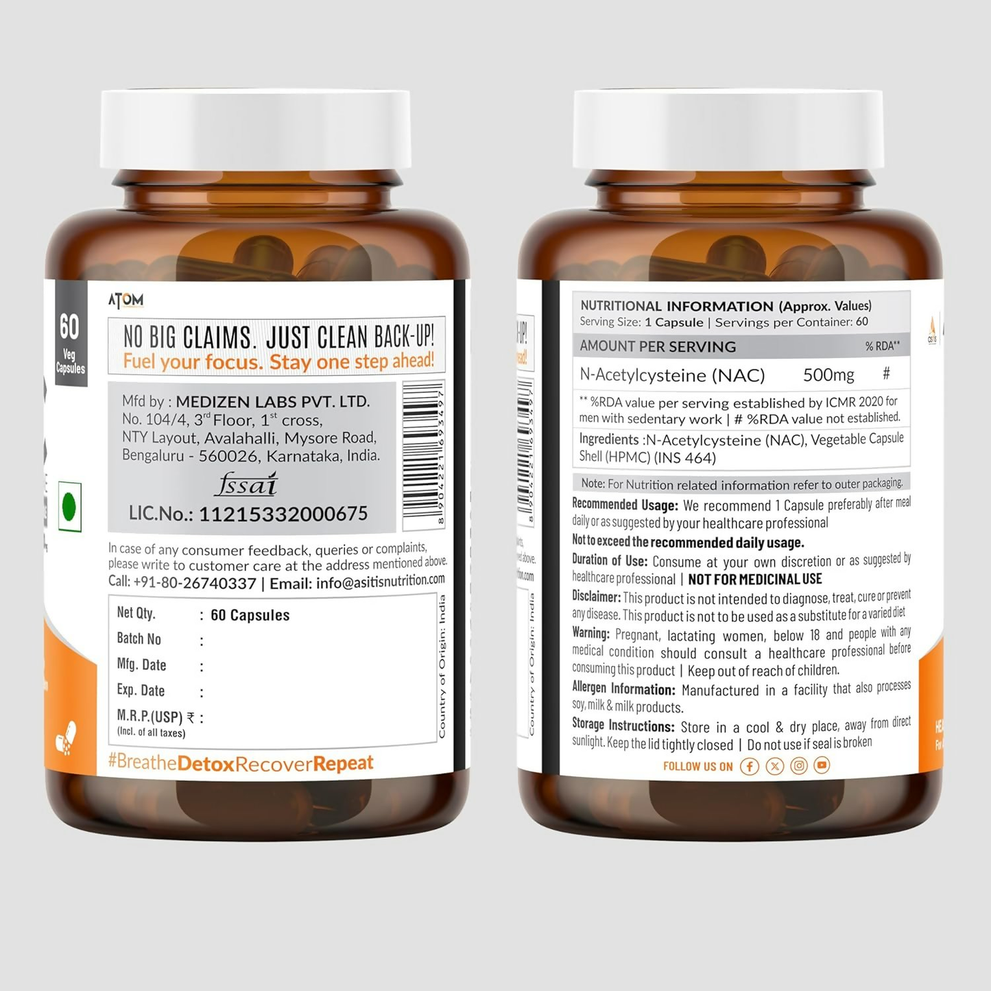 As-It-Is Atom Nac (N-Acetylcysteine) 500Mg Veg Capsules | Swadesiicart