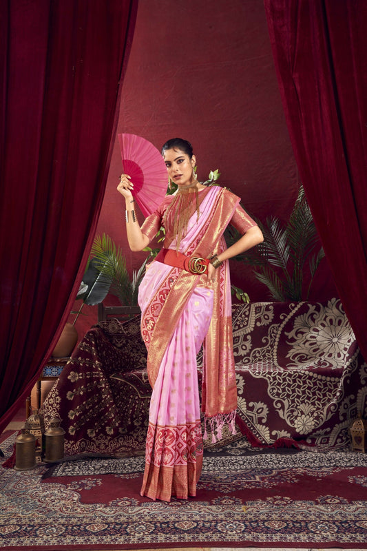 Vishnu Weaves Women's Baby-Pink Paithani Silk Saree with Blouse - Swadesiicart