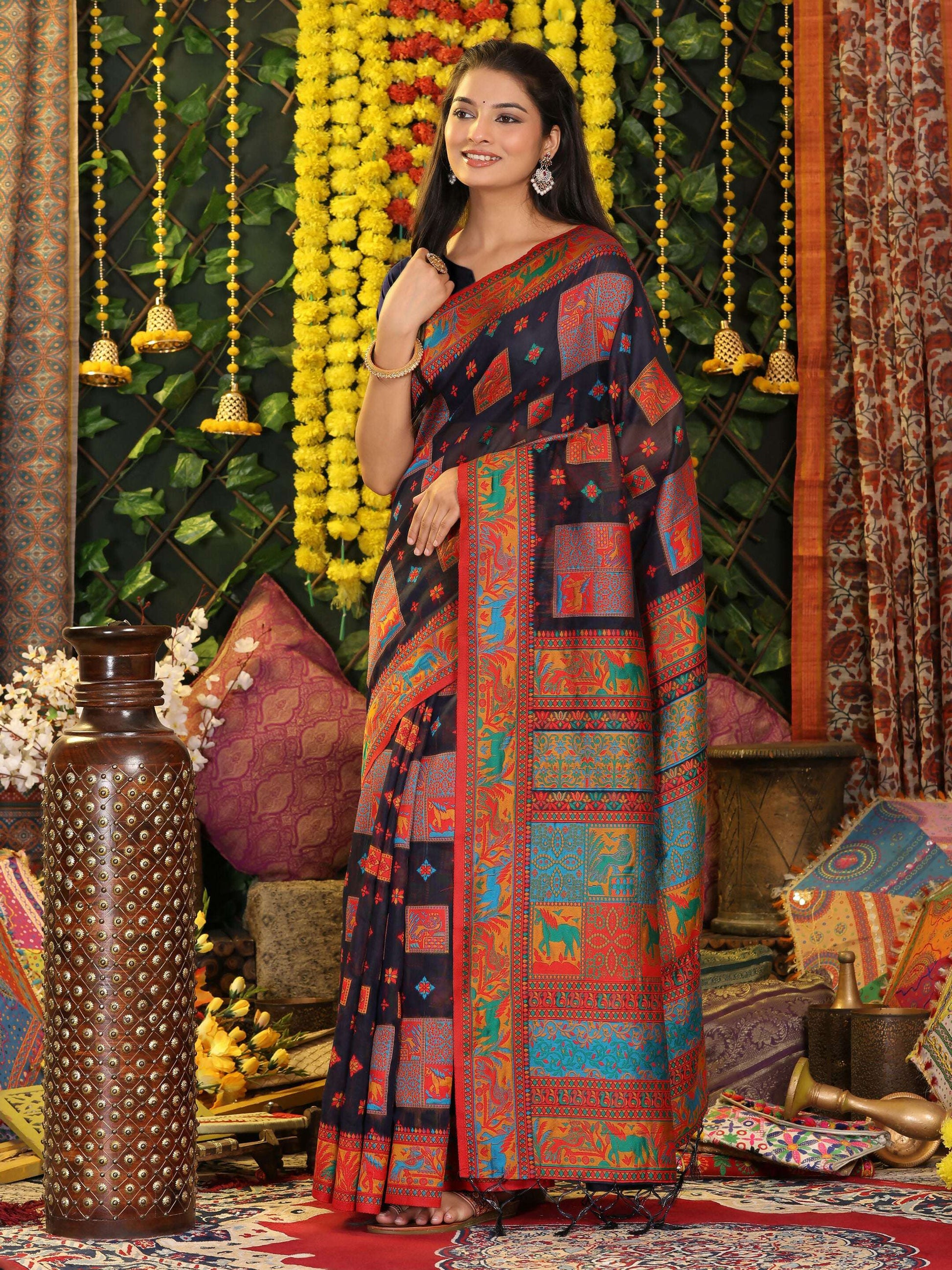 Shree Shyam Fashion Linen Cotton Navy Blue Saree