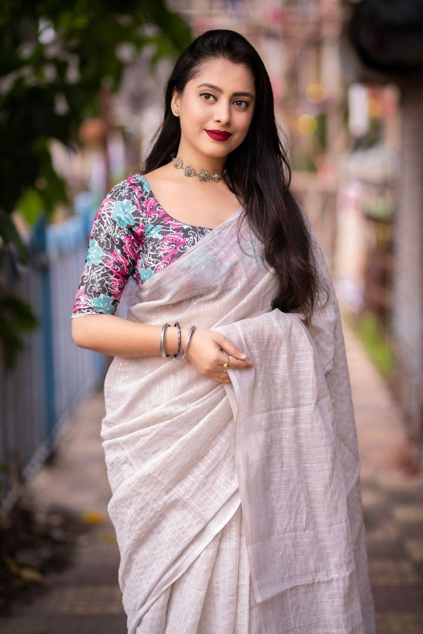 Grey Linen Sequence Saree with Unstitched Blouse - Hiral Fashion | Swadesiicart
