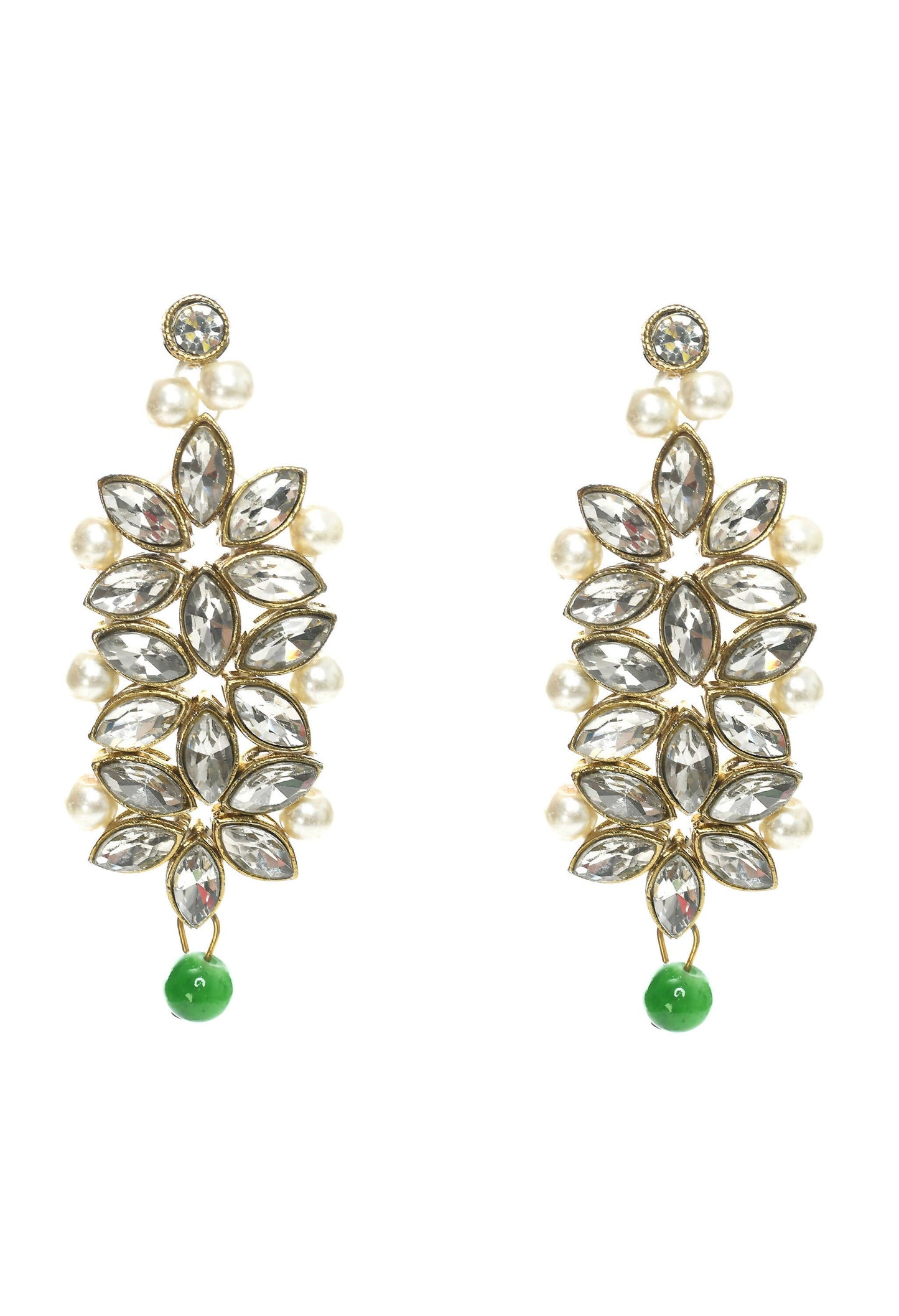 Mominos Fashion Johar Kamal Gold-Polished Rani Haar with Green and Off white Pearls Jewellery Set - Swadesiicart
