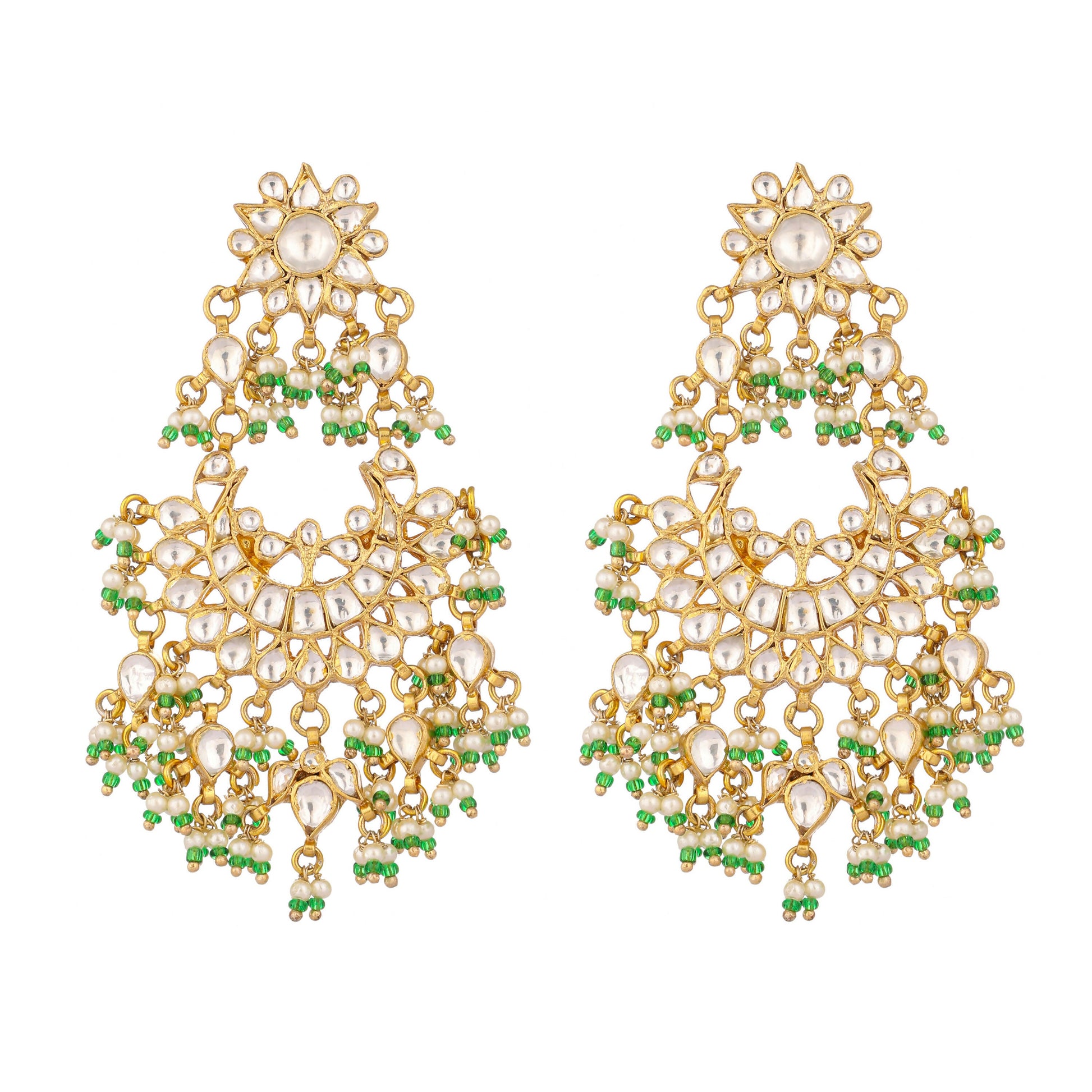 Nuyug 22K Gold-Plated Kundan & Pearl Studded Crescent Shaped Green Beads Chandbalis | Swadesiicart